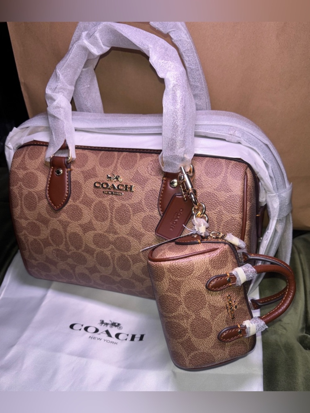 Coach Rowan Satchel Bag In Signature Canvas and mini charm